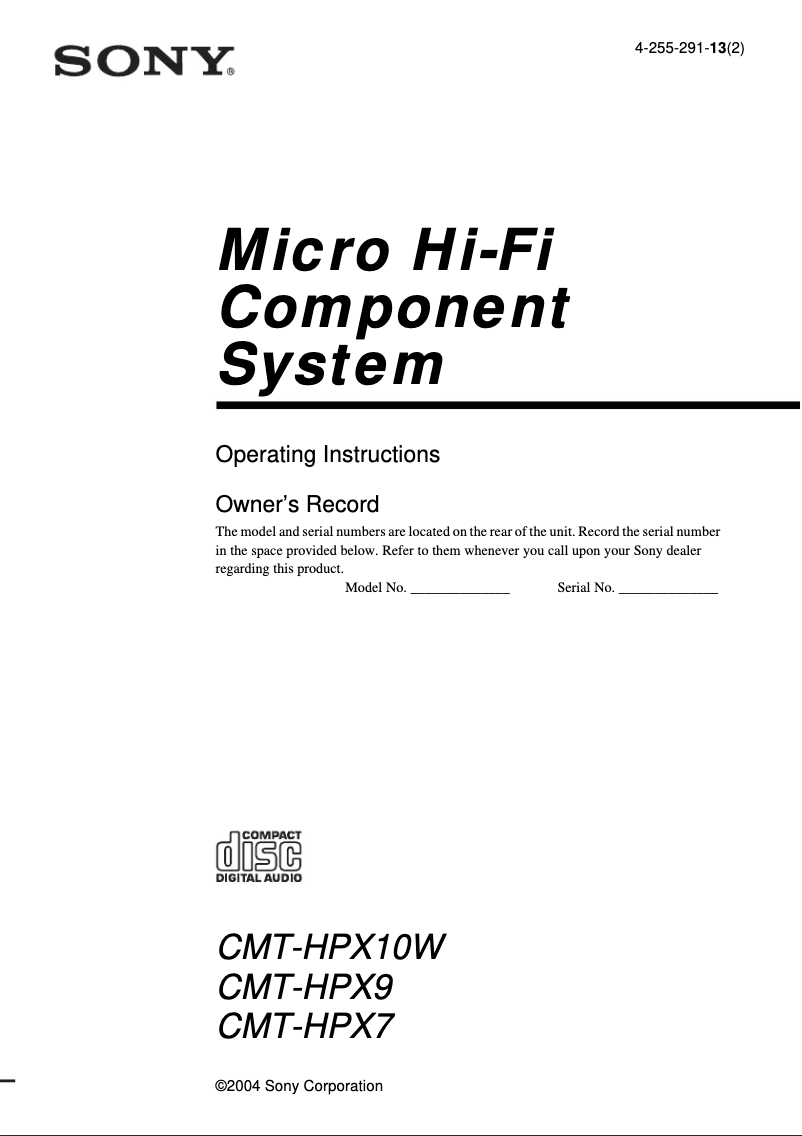 Page 1 de la notice Manuel utilisateur Sony CMT-HPX9