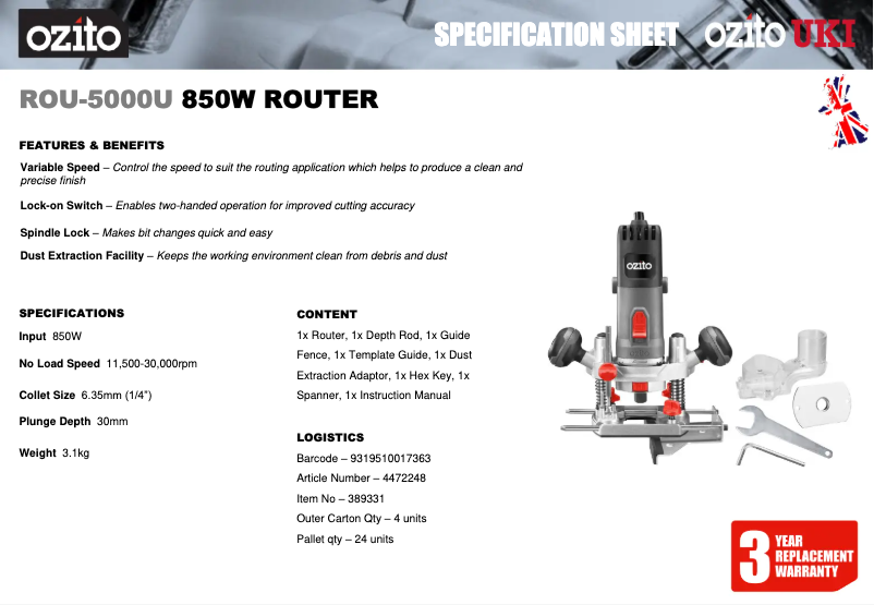 Page n°1 - Fiche technique Ozito ROU-5000U