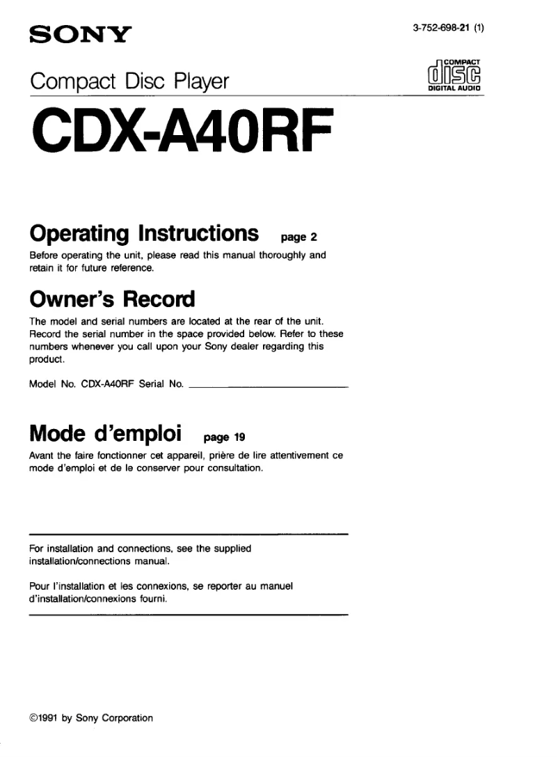 Page n°1 - Manuel utilisateur Sony CDX-A40RF
