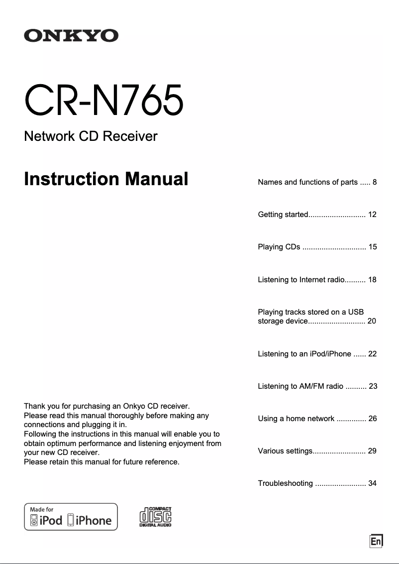 Page n°1 - Manuel utilisateur Onkyo CR-N765