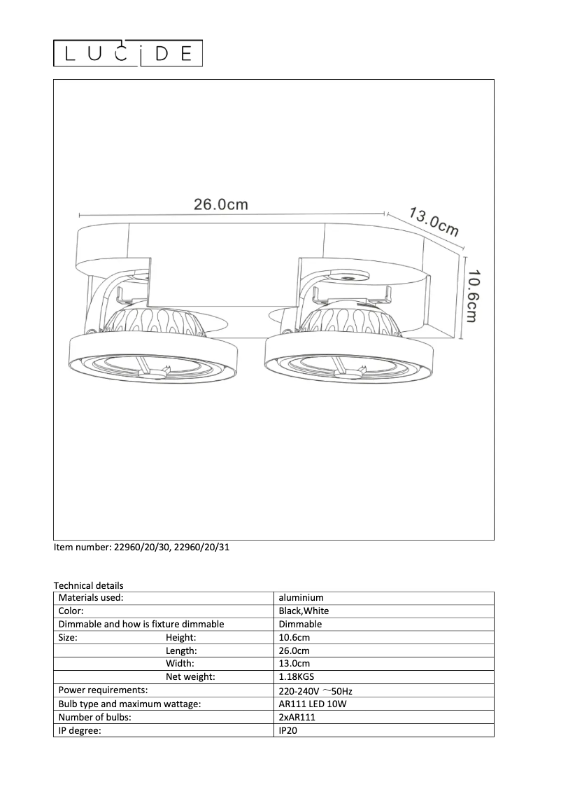 Page 1 de la notice Manuel utilisateur Lucide Versum ar111 22960/20/31