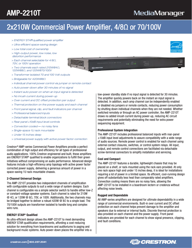 Page 1 de la notice Fiche technique Crestron AMP-2210T
