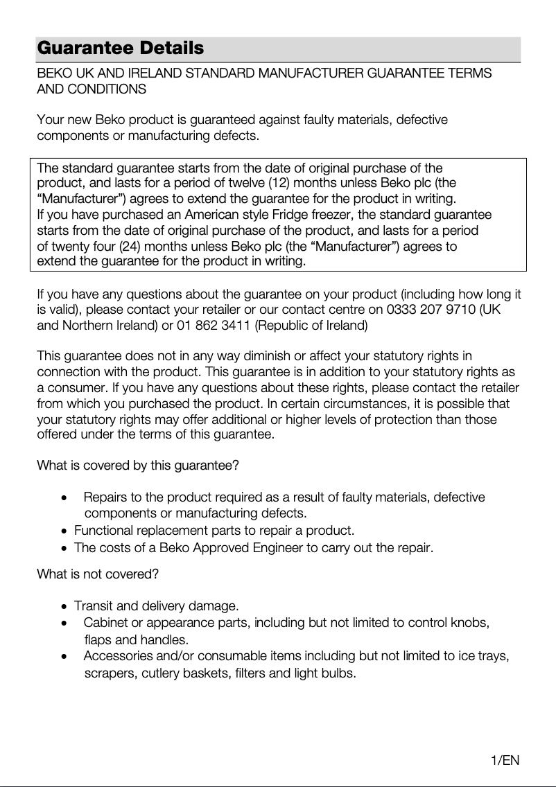 Page 1 de la notice Informations de garantie Beko BBRIC21000X