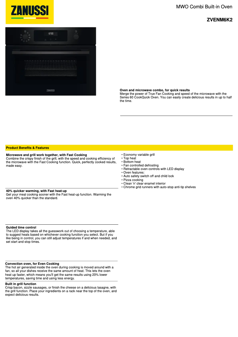 Page 1 de la notice Fiche technique Zanussi ZVENM6K2