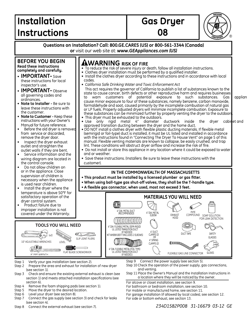 Page n°1 - Guide d'installation GE GTDL200GMWW
