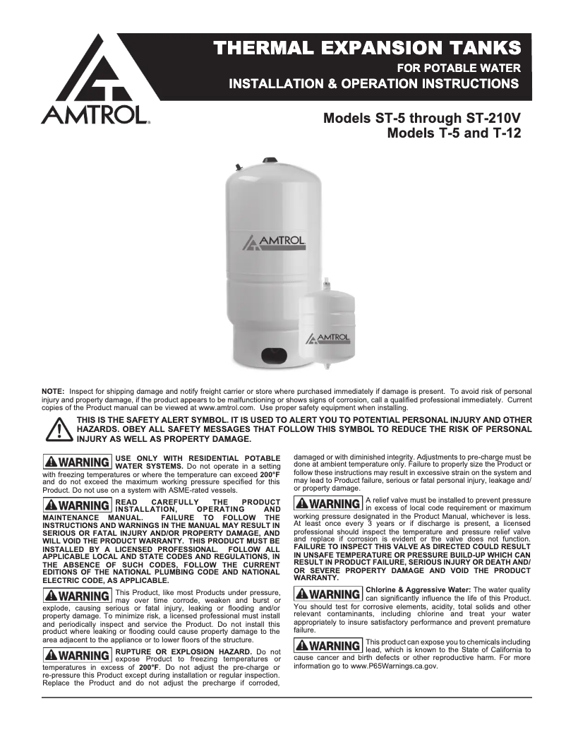 Page 1 de la notice Manuel utilisateur Amtrol Therm-X-Trol ST-30V