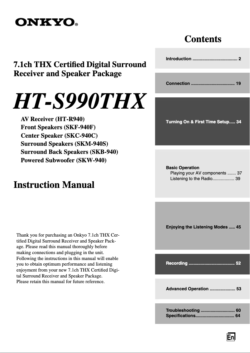 Page 1 de la notice Manuel utilisateur Onkyo SKB-940