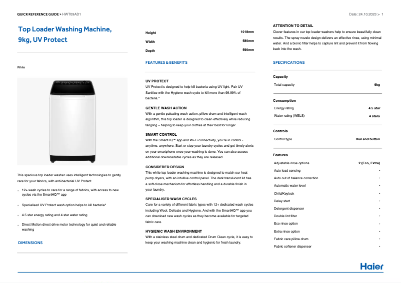 Page 1 de la notice Manuel utilisateur Haier HWT09AD1