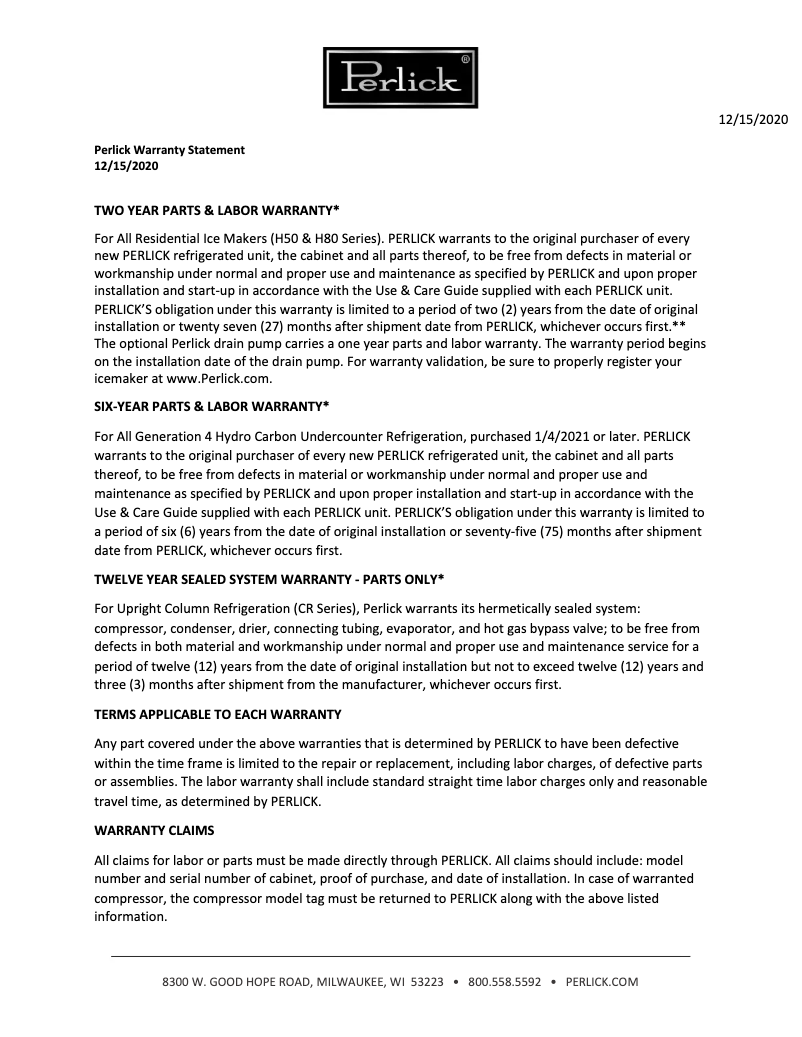 Page 1 de la notice Informations de garantie Perlick H50IMS-R