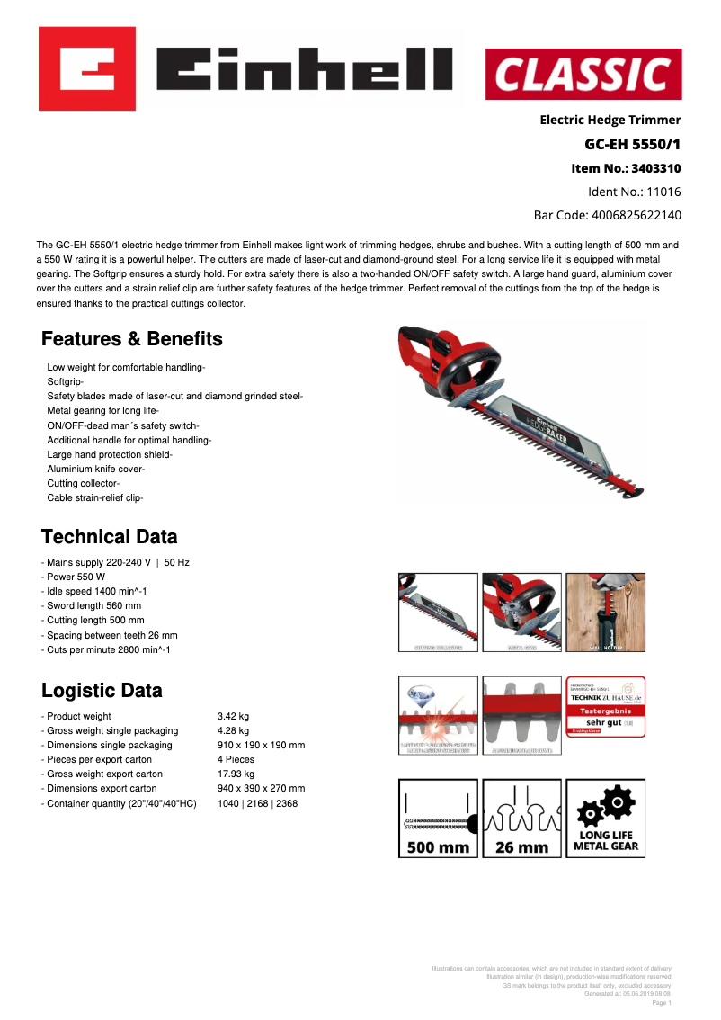 Page n°1 - Fiche technique Einhell GC-EH 5550/1
