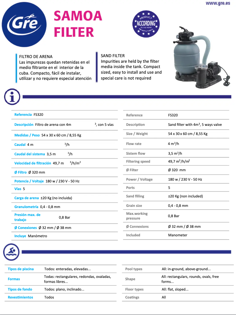 Page 1 de la notice Fiche technique Gre FS320