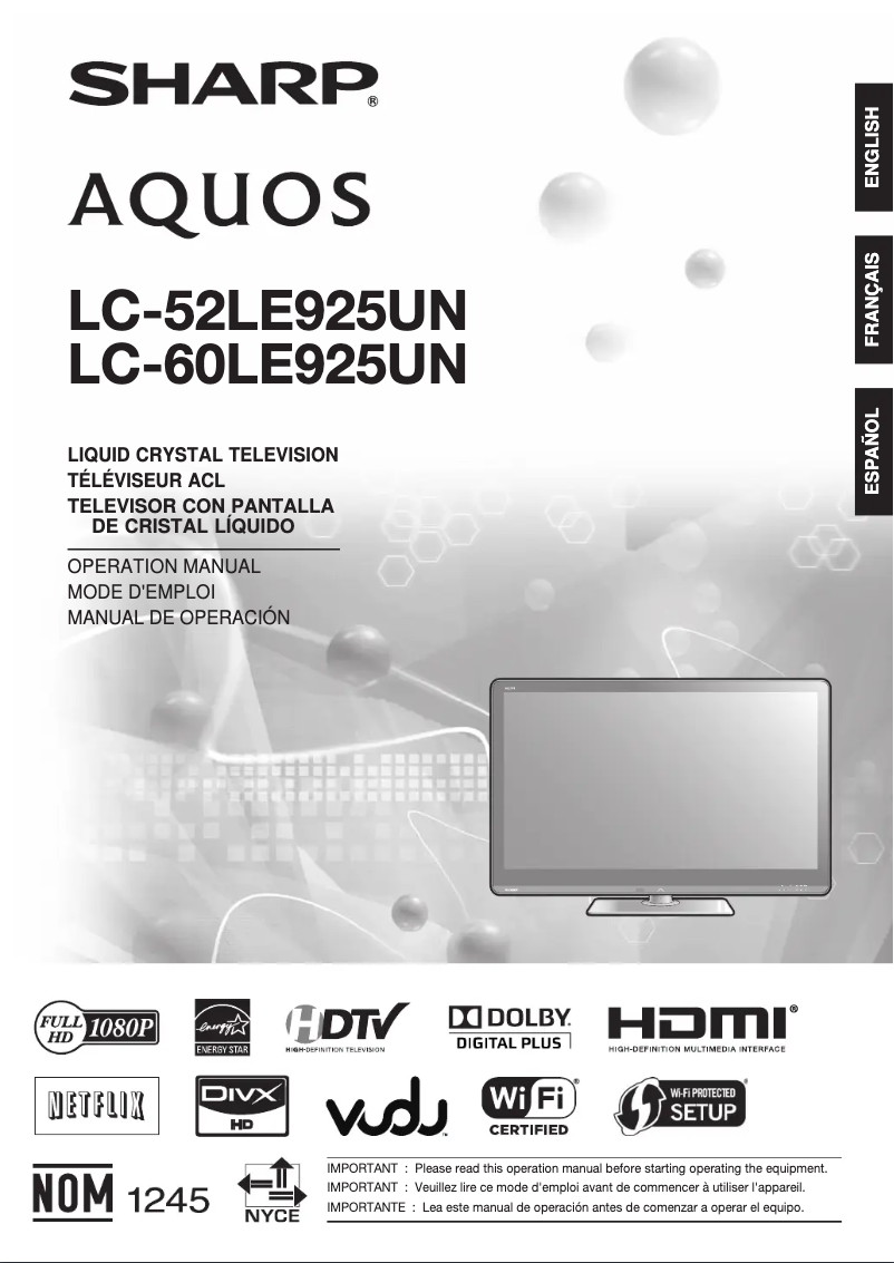 Page n°1 - Manuel utilisateur Sharp AQUOS LC-52LE925UN