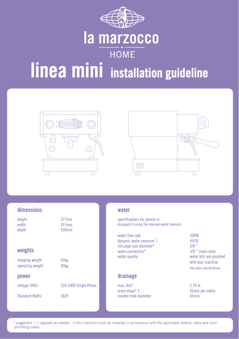 Page 1 de la notice Guide d'installation La Marzocco Linea Mini