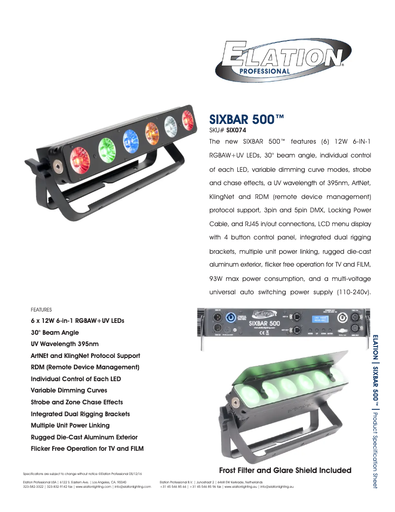 Page 1 de la notice Fiche technique Elation Sixbar 500