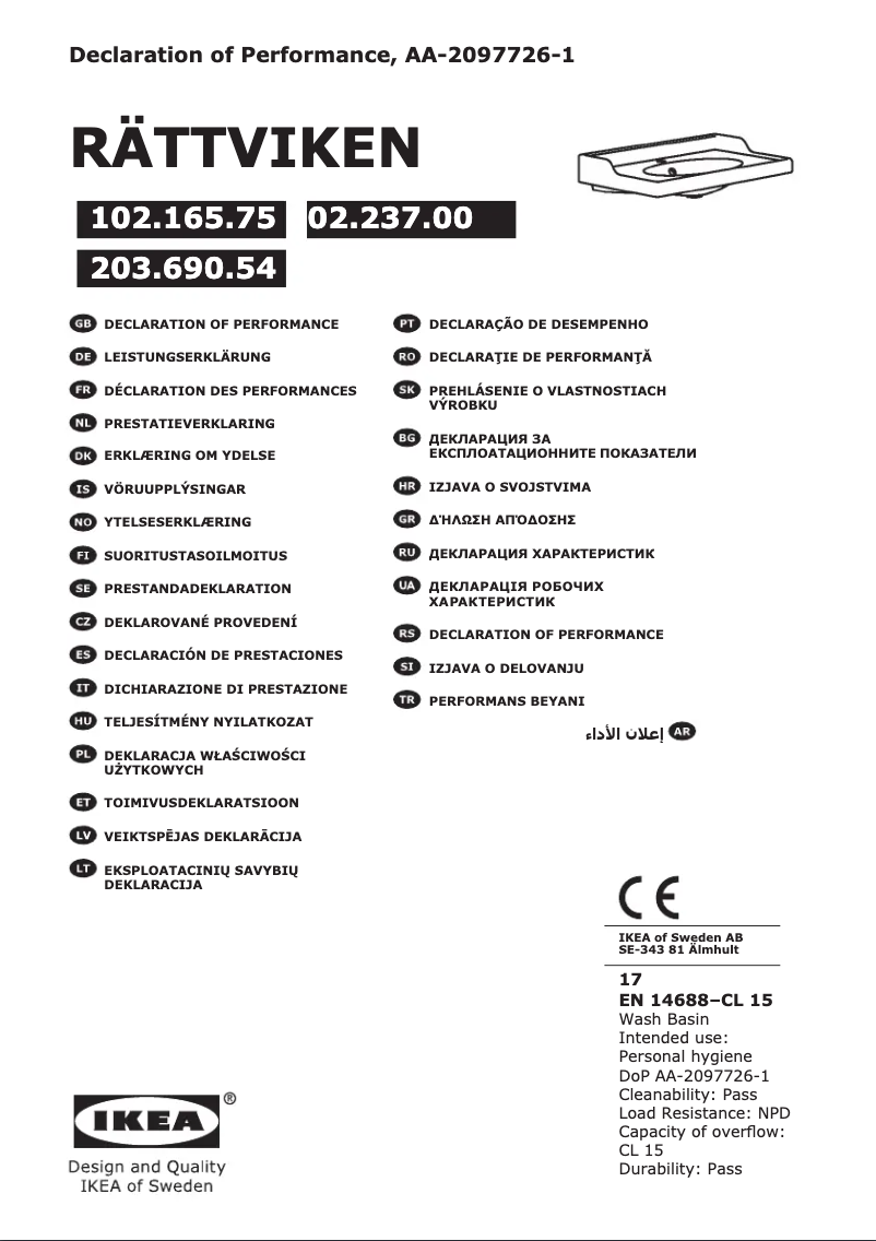 Page 1 de la notice Manuel utilisateur Ikea RÄTTVIKEN 102.165.75