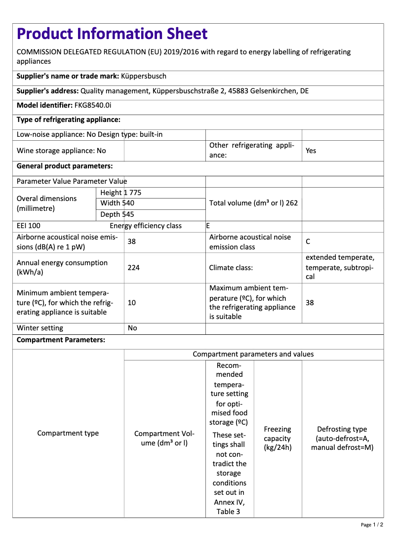 Página 1 del manual Etiqueta energética Küppersbusch FKG8540.0i
