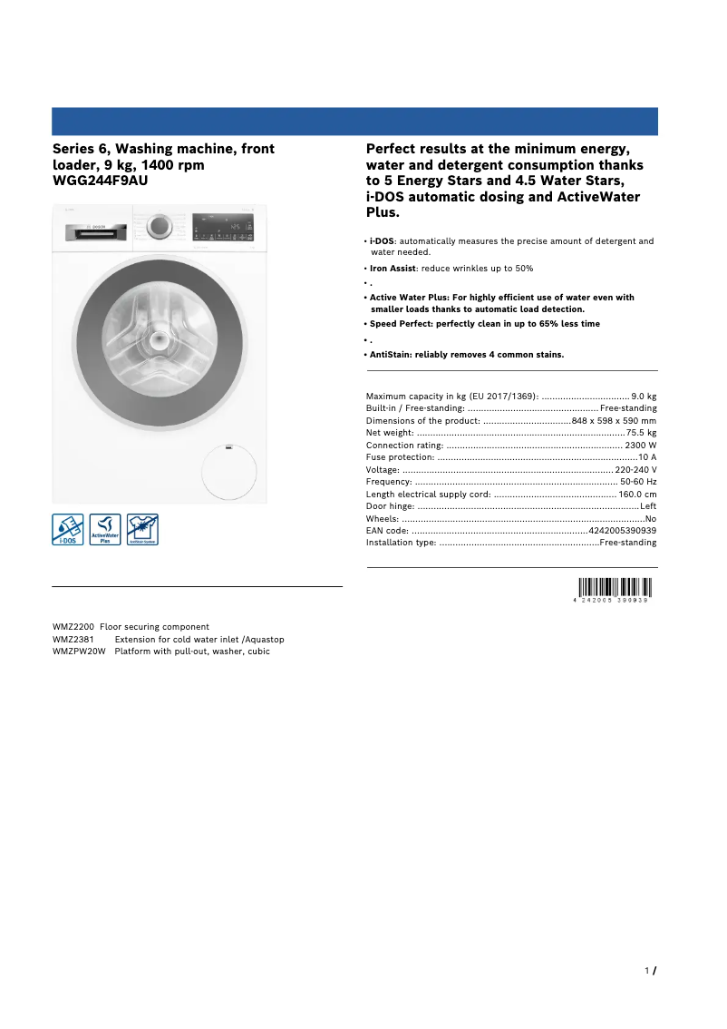 Page n°1 - Fiche technique Bosch WGG244F9AU