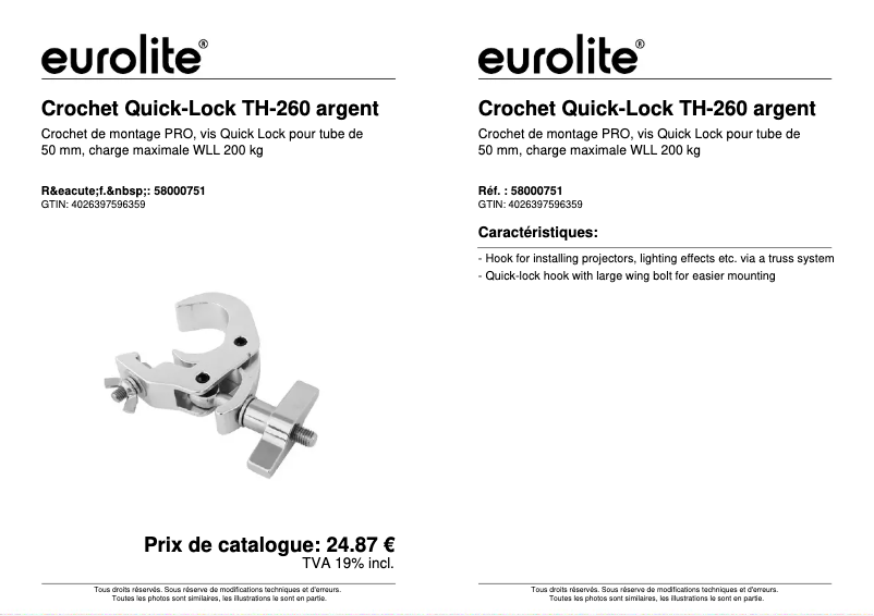 Page 1 de la notice Fiche technique Eurolite TH-260