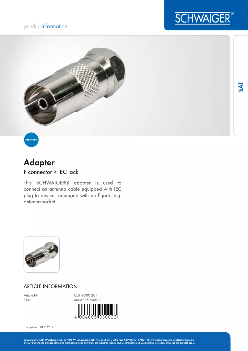 Page n°1 - Manuel utilisateur Schwaiger UEST9300 201