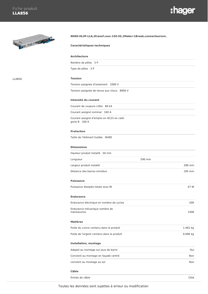 Page n°1 - Fiche technique Hager LLA856