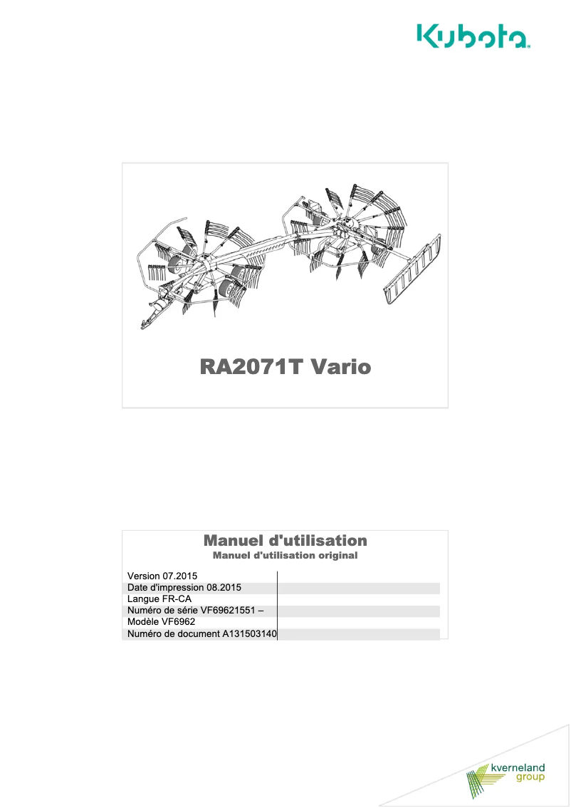 Page n°1 - Manuel utilisateur Kubota RA2071T EVO