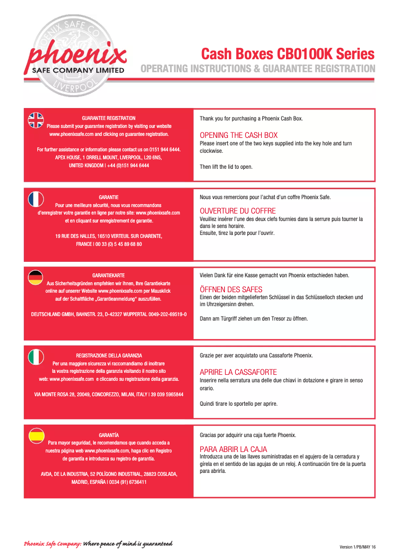Page 1 de la notice Manuel utilisateur Phoenix Cash Box CB0101K