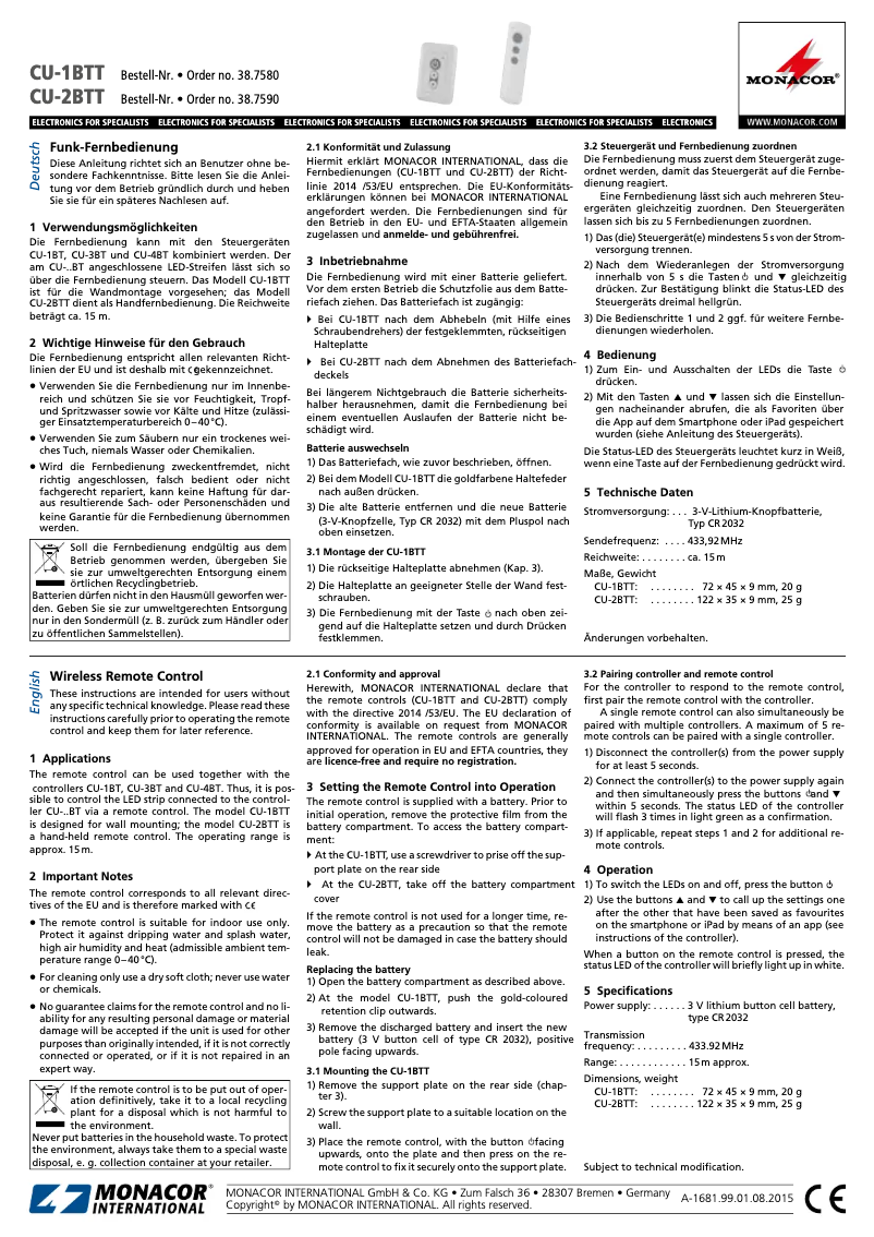 Page 1 de la notice Manuel utilisateur Monacor CU-1BTT