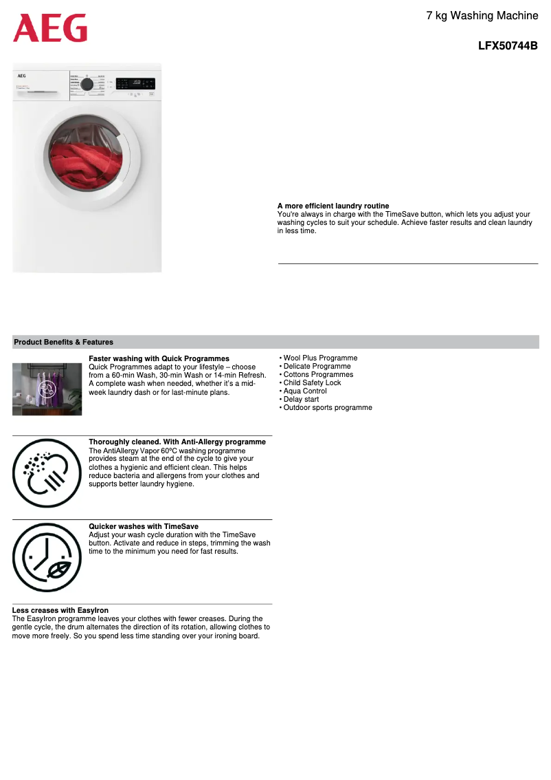 Página 1 del manual Ficha técnica AEG LFX50744B