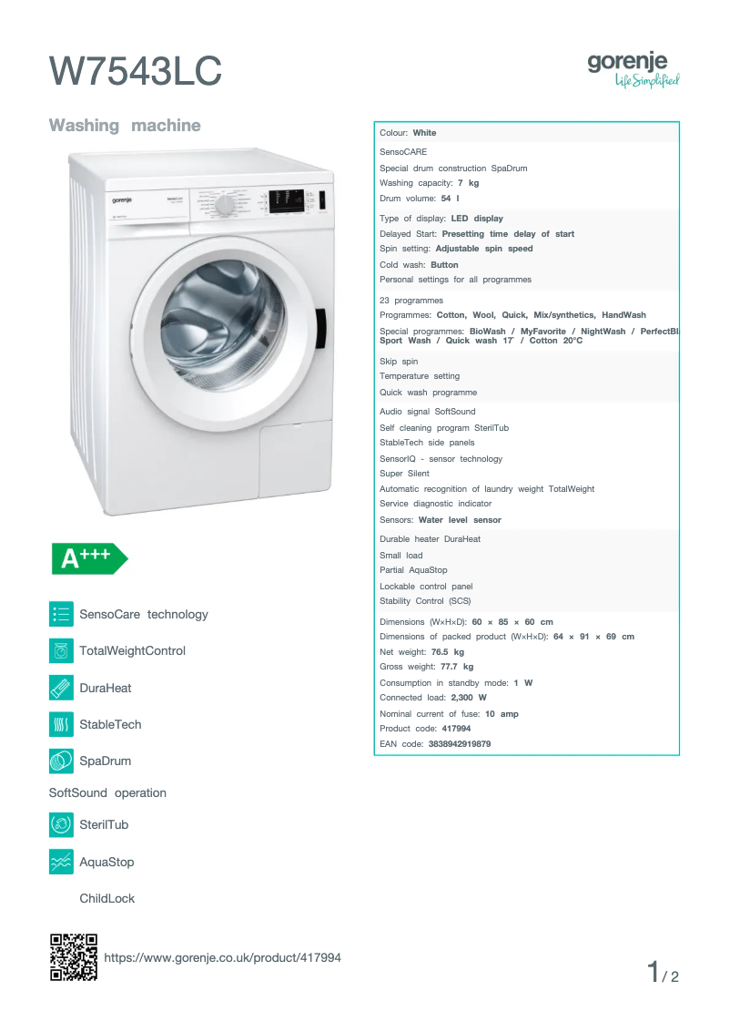 Page n°1 - Fiche technique Gorenje W7543LC