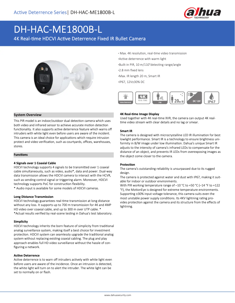 Page 1 de la notice Fiche technique Dahua Technology HAC-ME1800B-L