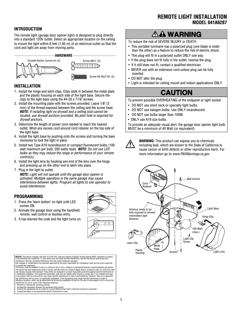 Page 1 de la notice Manuel utilisateur Chamberlain 041A6287