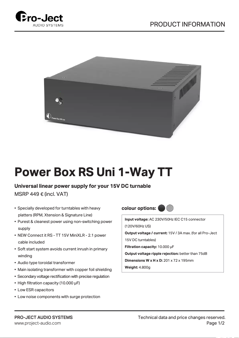 Page 1 de la notice Manuel utilisateur Pro-Ject Power Box RS Uni 1-way TT