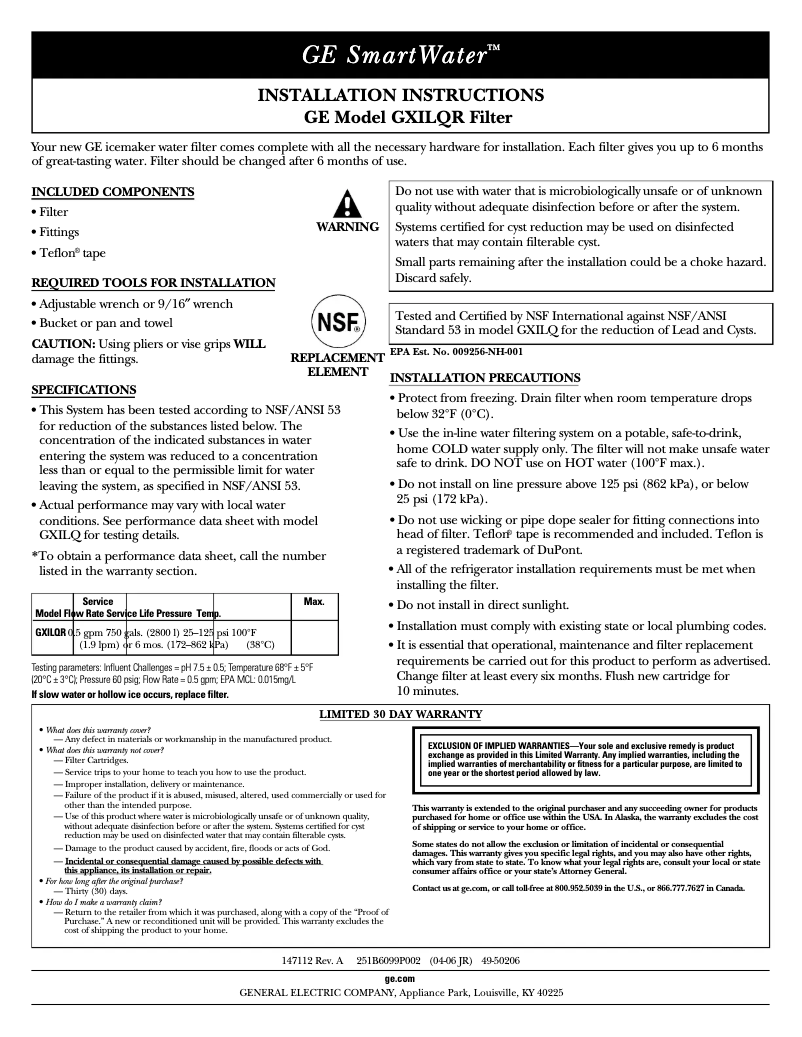 Page 1 de la notice Manuel utilisateur GE GXILQR