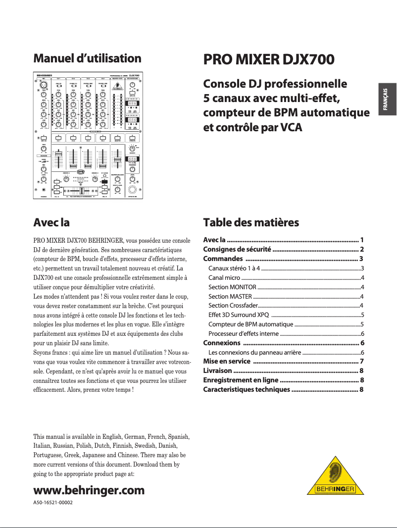 Image de la première page du manuel de l'appareil DJX700