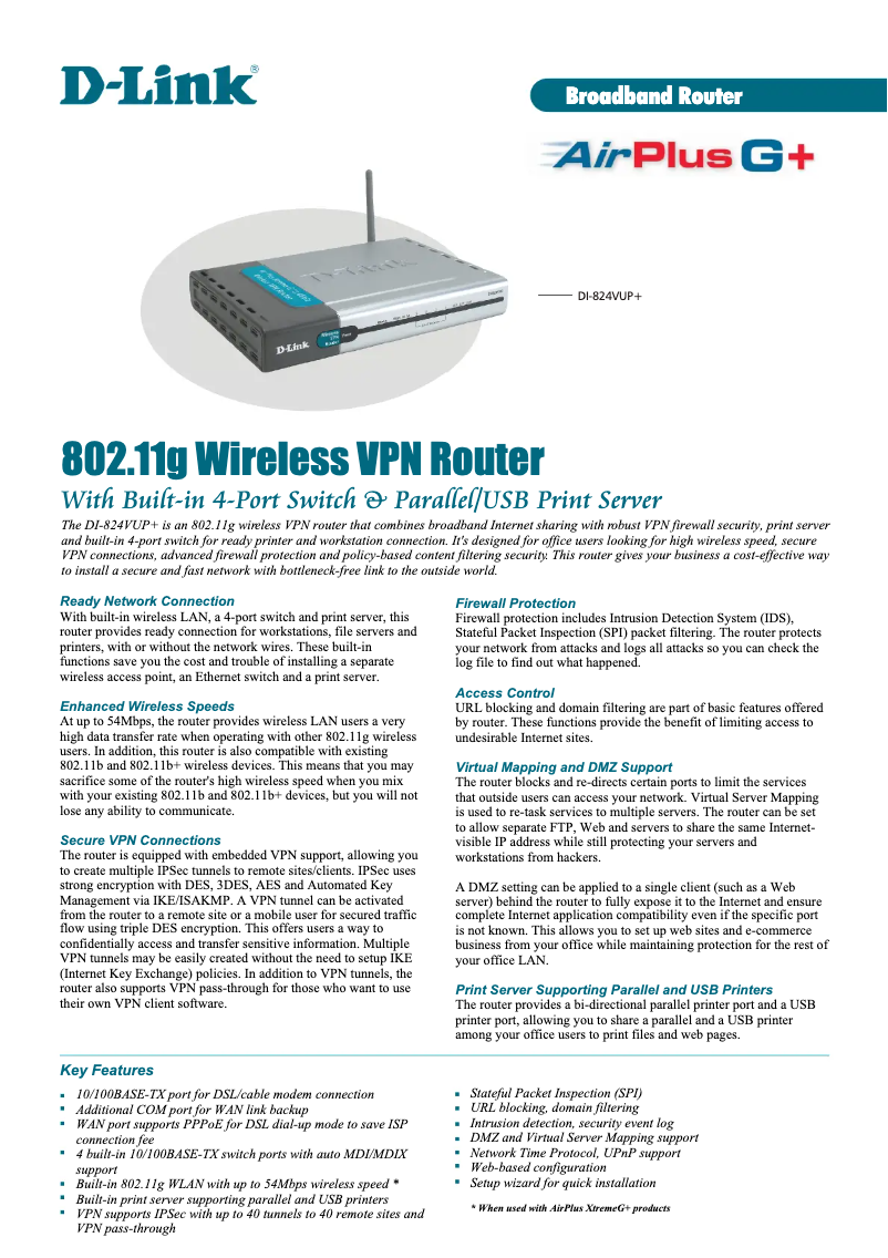 Page 1 de la notice Fiche technique D-Link AirPlus Xtreme G DI-824VUP