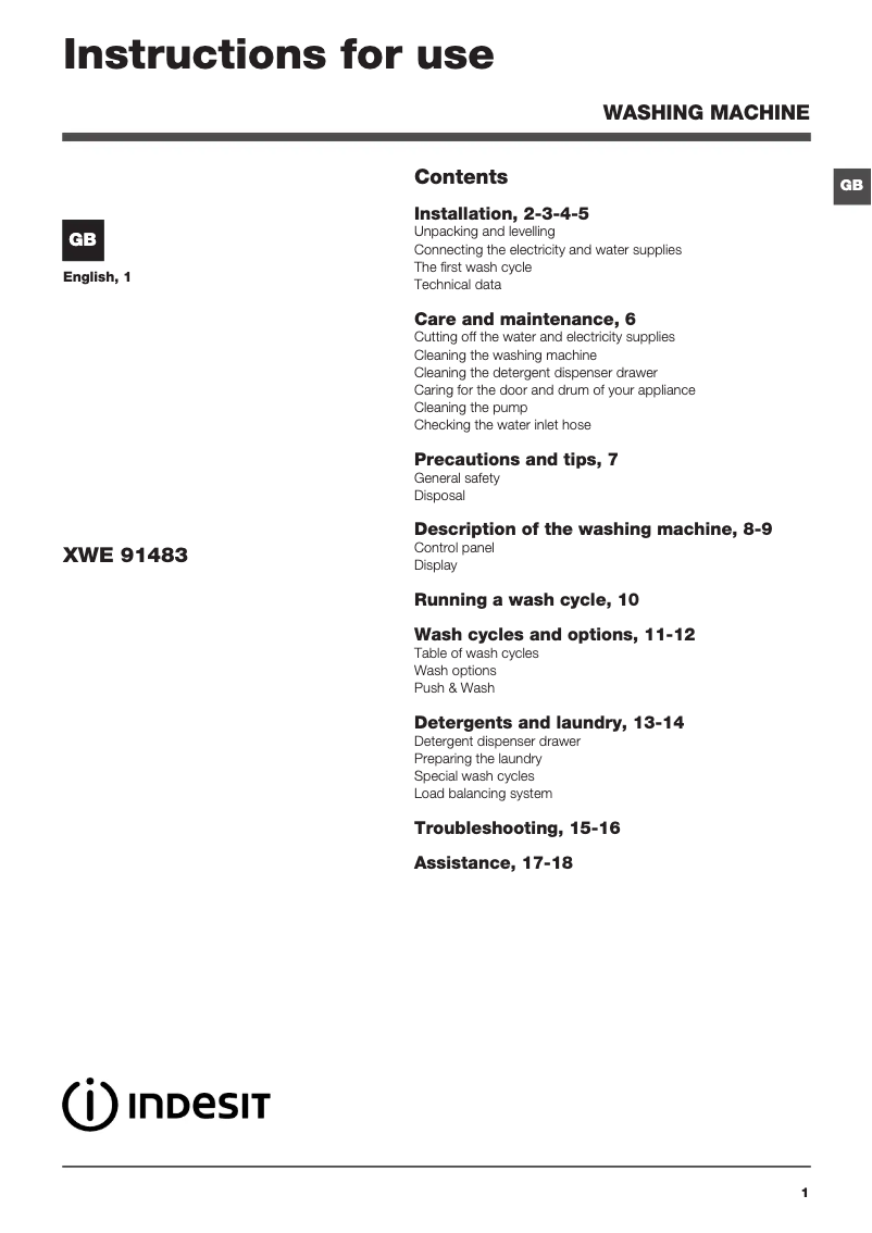 Page 1 de la notice Manuel utilisateur Indesit XWE 91483X WKKK UK