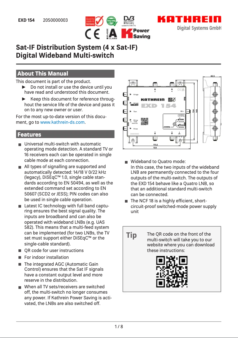 Page 1 de la notice Manuel utilisateur Kathrein EXD 154