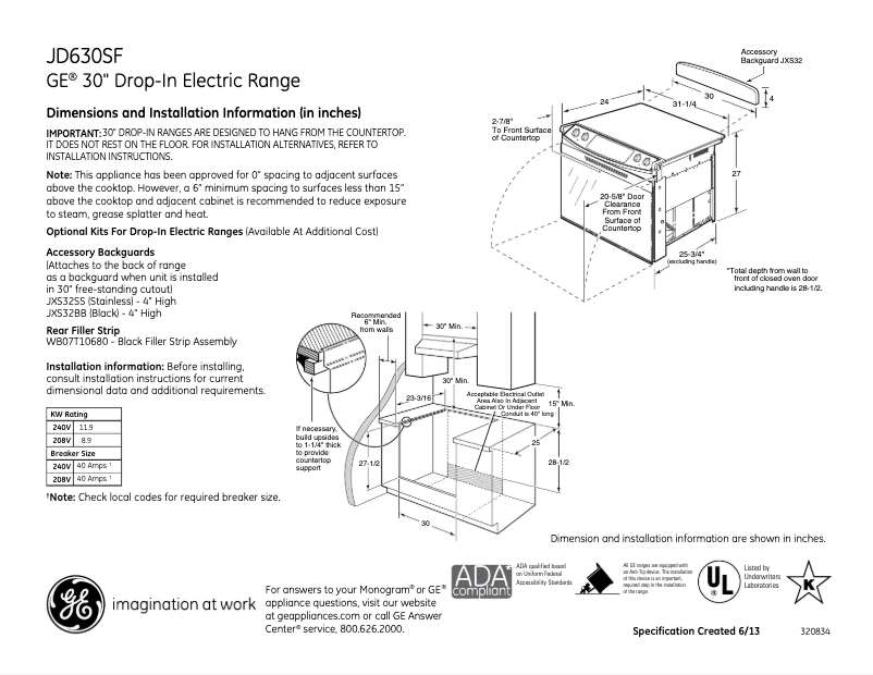 Page 1 of the manual Technical Sheet GE JD630DFBB