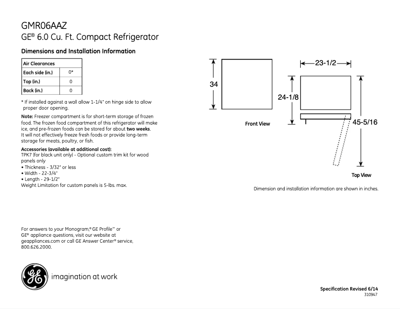 Page 1 de la notice Fiche technique GE GMR06AAZWW