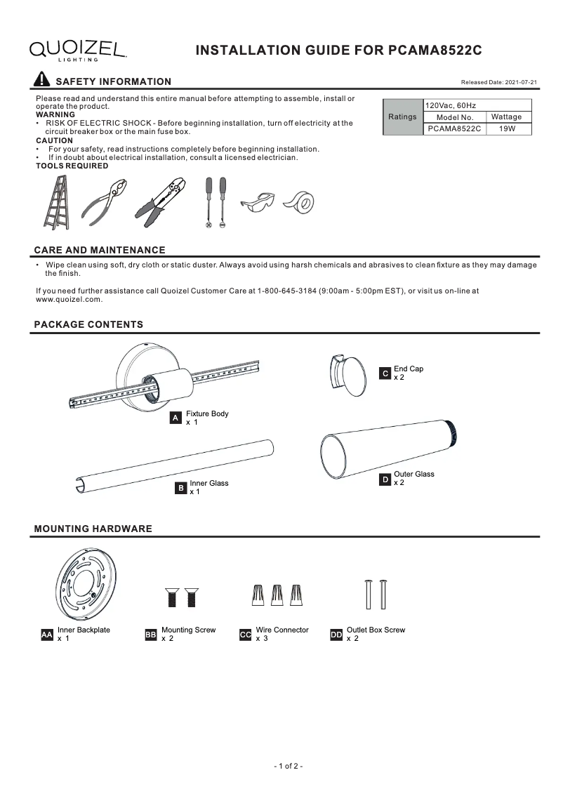 Page 1 de la notice Manuel utilisateur Quoizel Amara PCAMA8522C