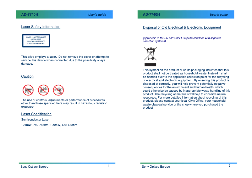 Page 1 de la notice Manuel utilisateur Sony AD-7740H-01