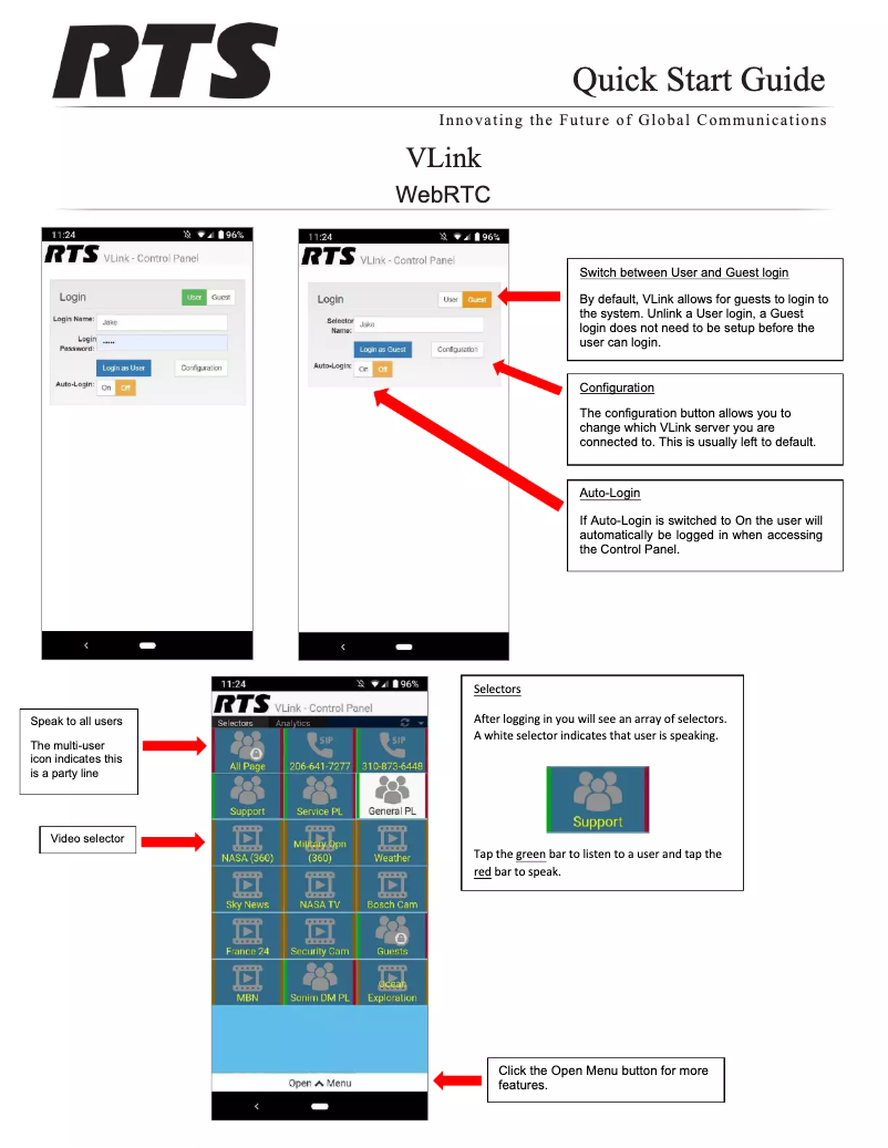Page 1 de la notice Guide de démarrage rapide RTS VLink Control Panel