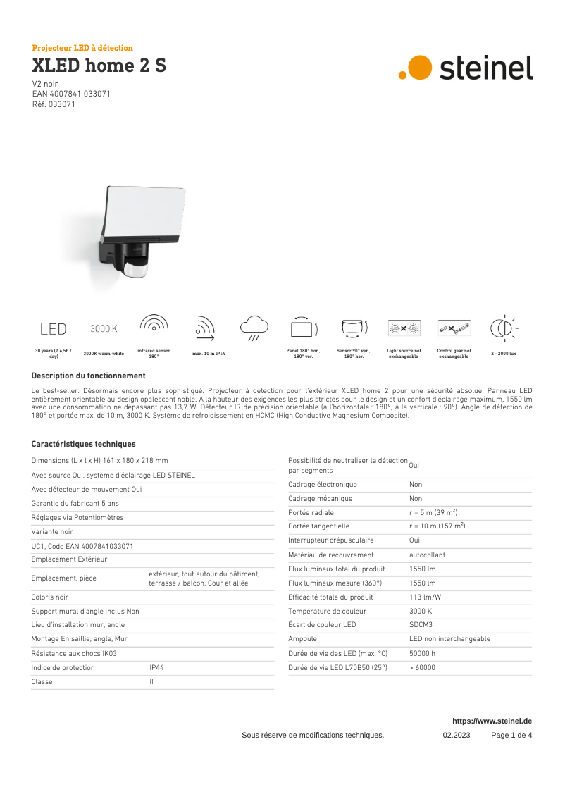 Page 1 de la notice Fiche technique Steinel XLED Home 2 SC