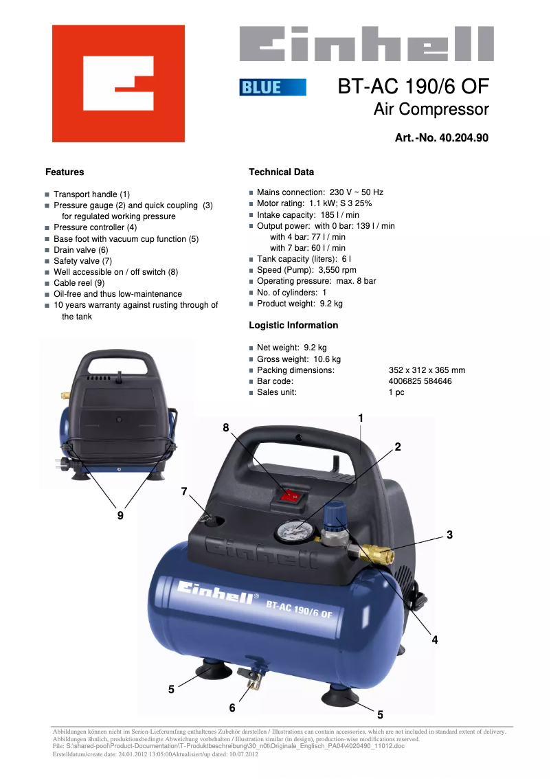 Page 1 de la notice Fiche technique Einhell BT-AC 190/6 OF