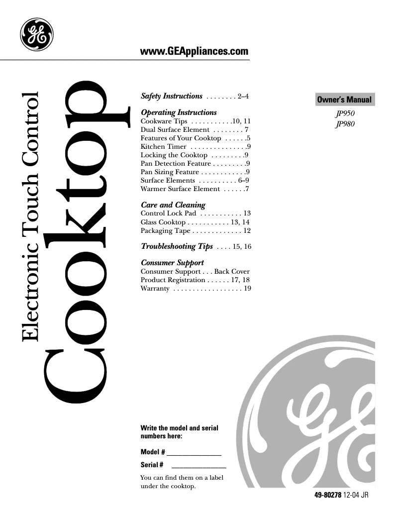 Page 1 of the manual Instruction Manual GE JP950SKSS