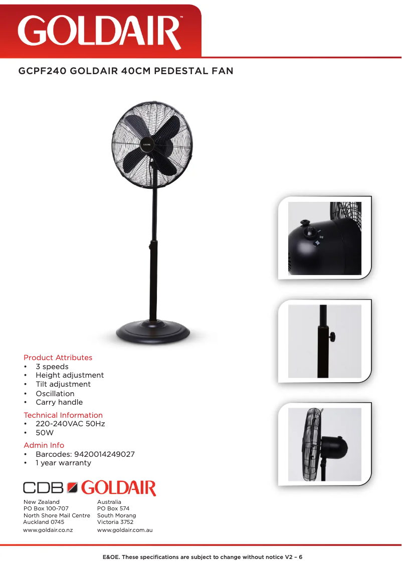 Page 1 de la notice Fiche technique GoldAir GCPF240