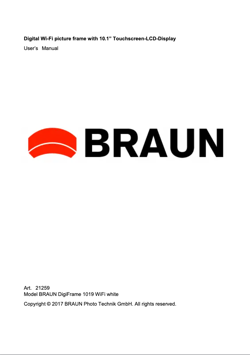 Page n°1 - Manuel utilisateur Braun DigiFrame 1019 WiFi