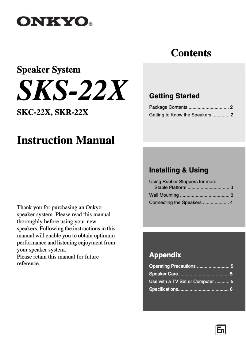 Page 1 de la notice Manuel utilisateur Onkyo SKS-22