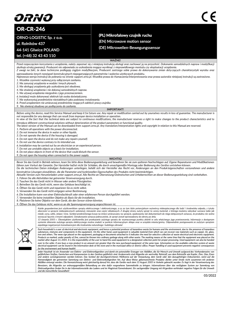 Page 1 de la notice Manuel utilisateur ORNO OR-CR-246