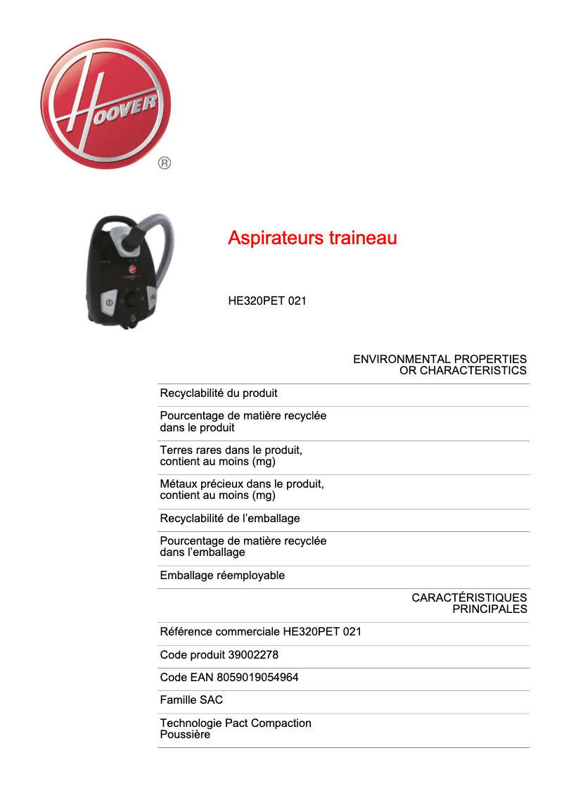 Image de la première page du manuel de l'appareil HE320PET 021